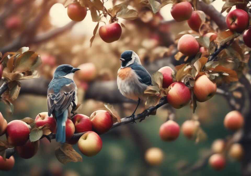 A couple of birds in an apple tree.
