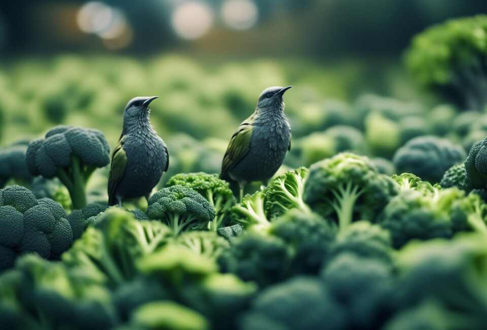Birds near broccoli.