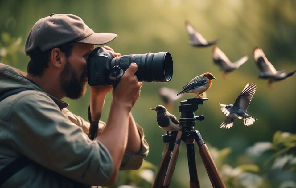 A birdwatcher taking photos of birds.