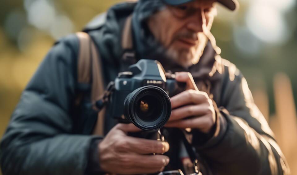 A birdwatcher with a camera in hand.