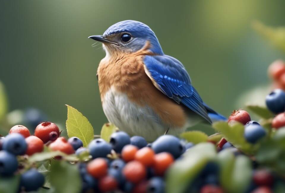 An Eastern Bluebird eating blueberries.