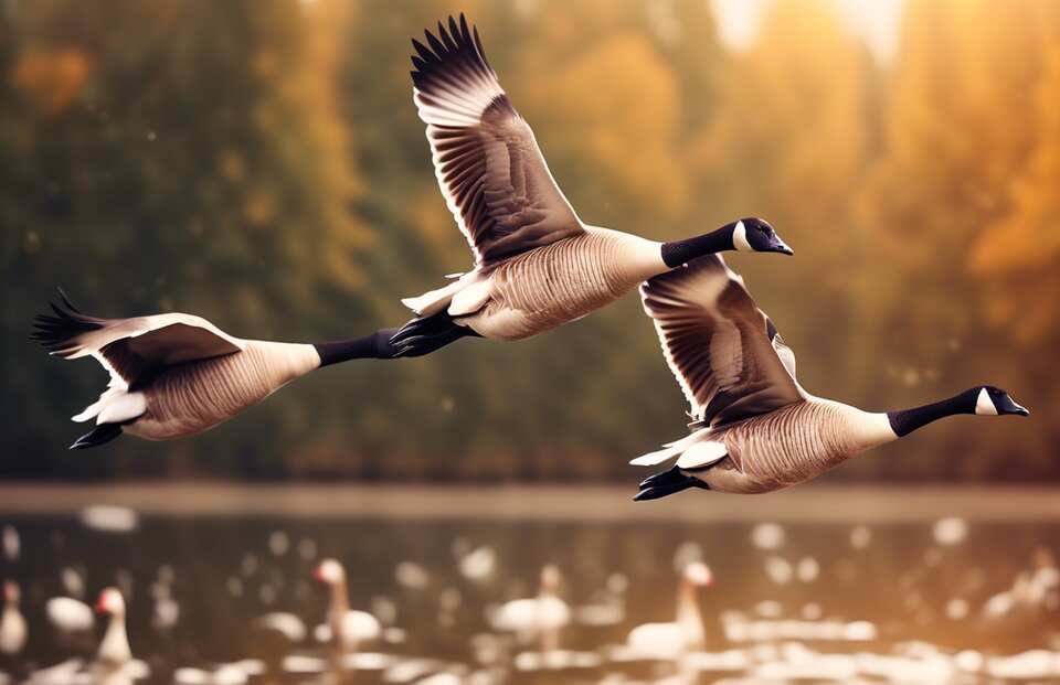 Several geese taking flight from water.