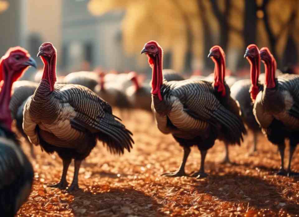 A group of turkeys foraging.