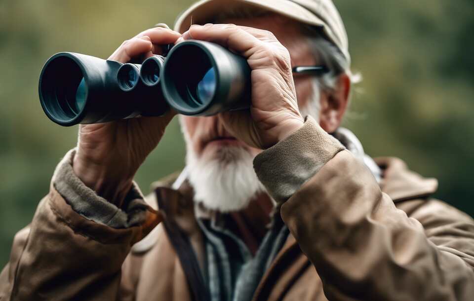 A birderr looking through binoculars with his glasses on.