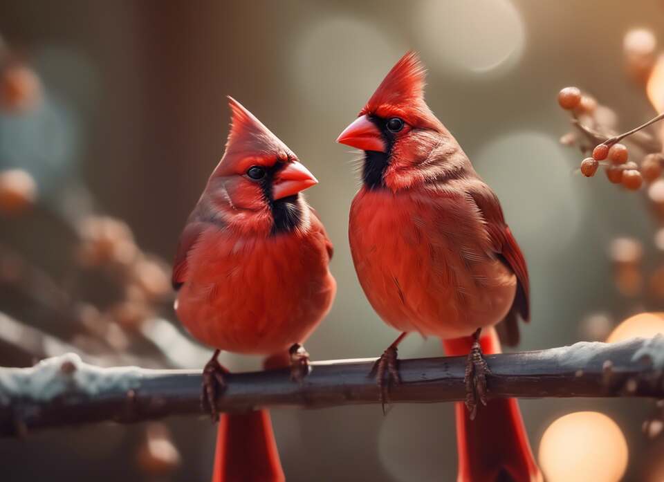 A pair of male cardinals perched in a tree.