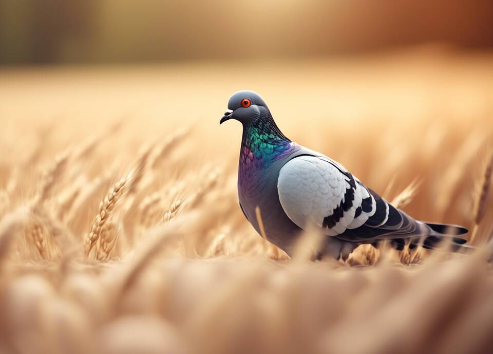 A pigeon feeding on a field of barley.