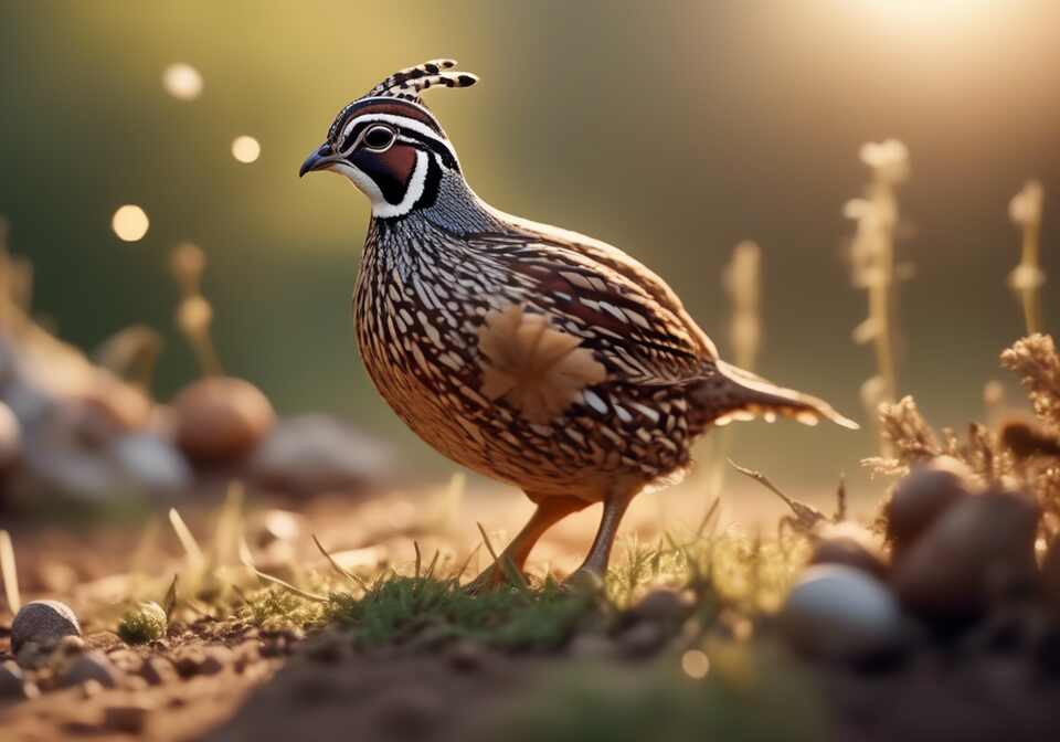 A quail foraging in a yard.
