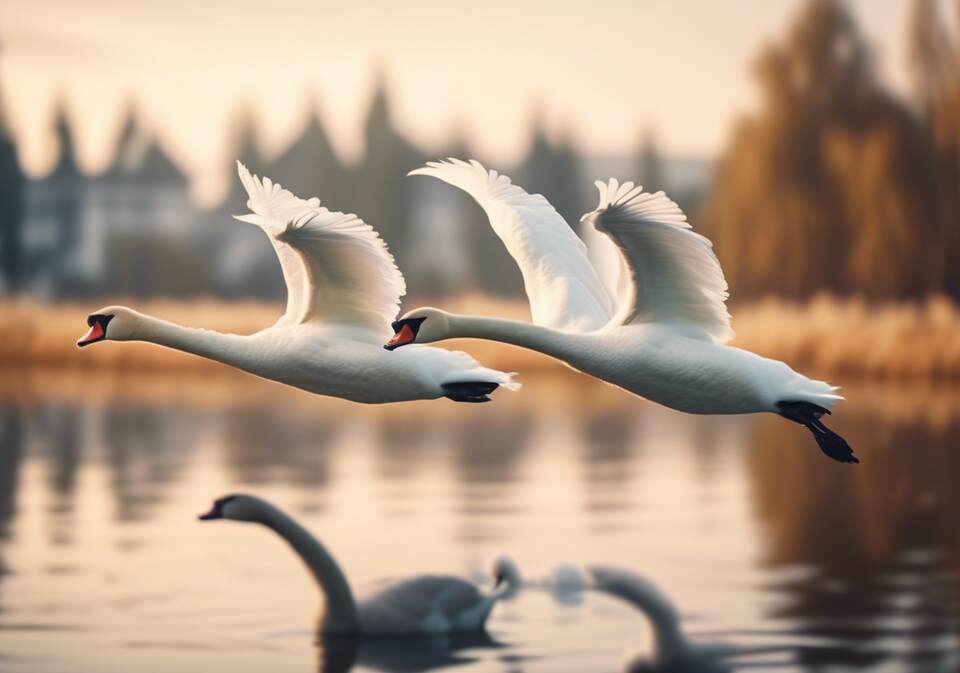 Pair of swans gracefully lifting off from the water.