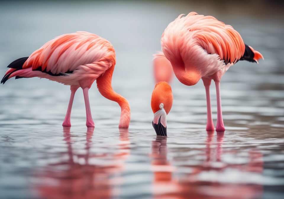 A pair of American Flamingos searching for food in shallow water.