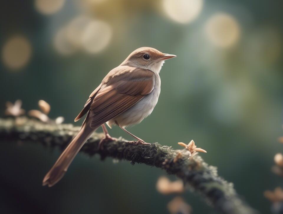 A Common Nightingale perched on a tree branch.