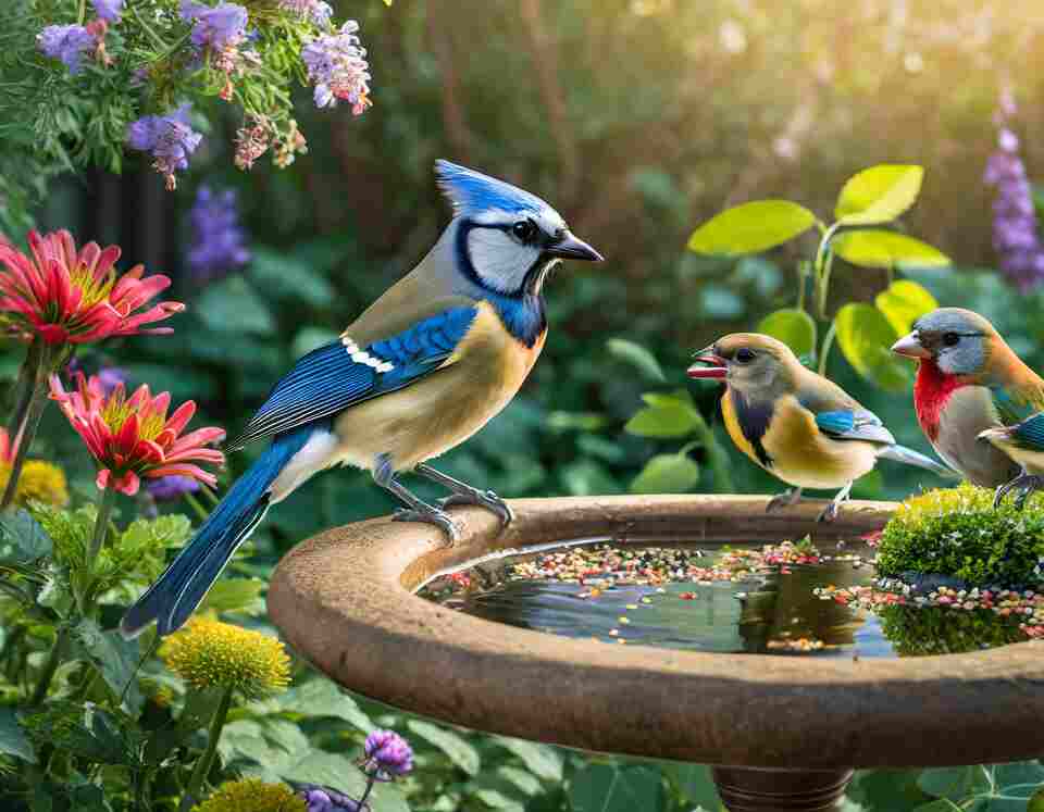 Colorful birds gathered around a birdbath in a lush backyard.