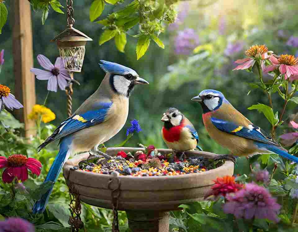 Colorful birds feeding at a well-stocked bird feeder surrounded by vibrant flowers and greenery.