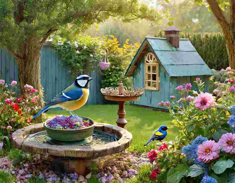 A bird-friendly backyard setting.