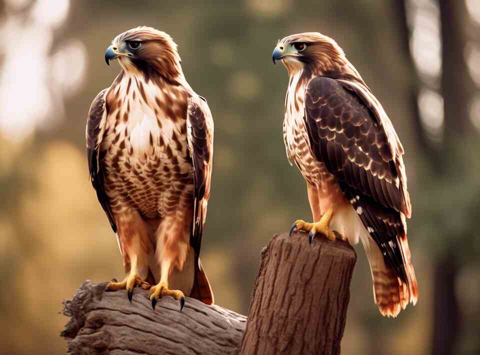 A pair of Red-tailed Hawks perched on a tree stump.