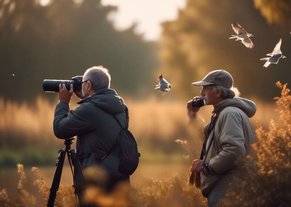 Respectful birder observing birds in natural habitat with binoculars, maintaining a safe distance to minimize disturbance.