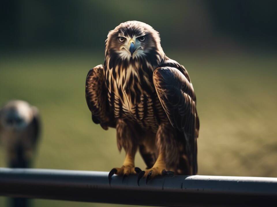 Bird of prey perched on a railing.