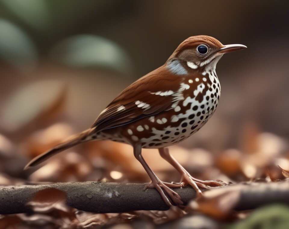 A Wood Thrush foraging for food.