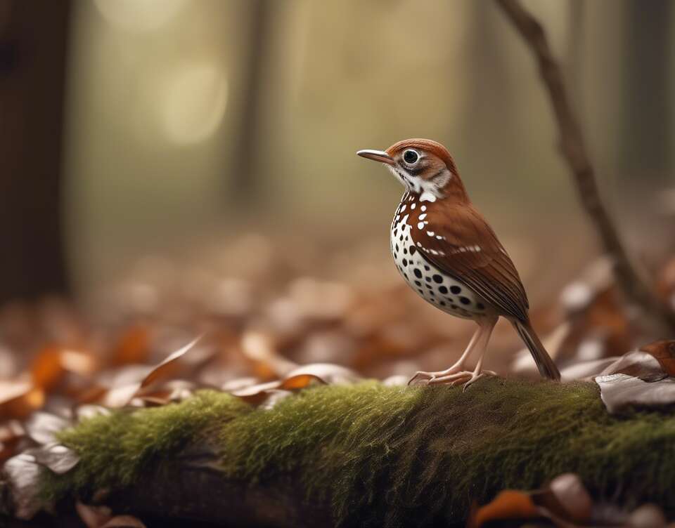 A Wood Thrush foraging for food.