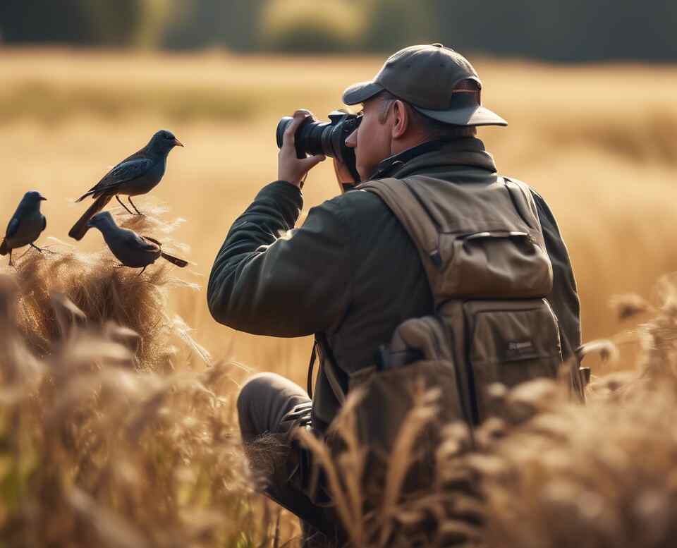 A birder with a camera out in the field.