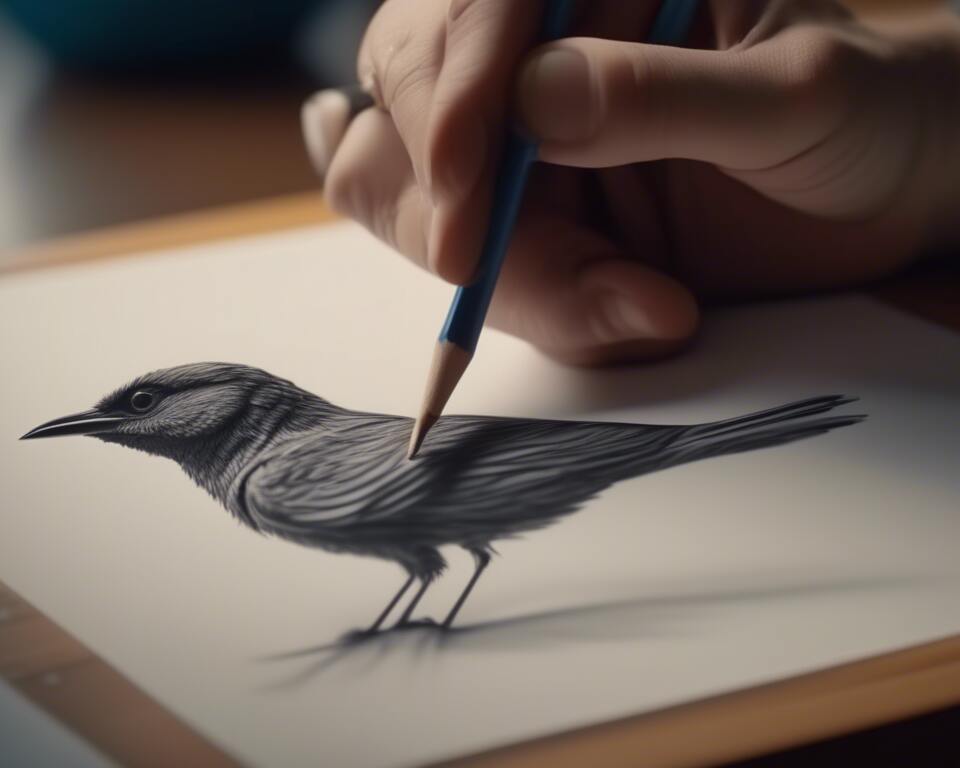 A person drawing a bird with a pencil.