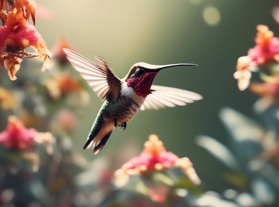 A hummingbird hovering over a flower.