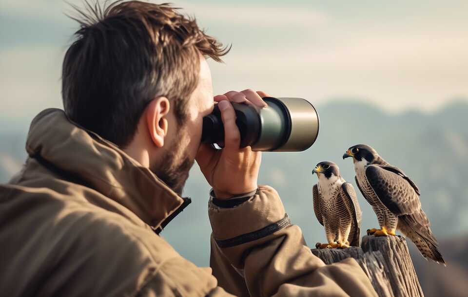 A birder looking at a pair of Peregrine Falcons.