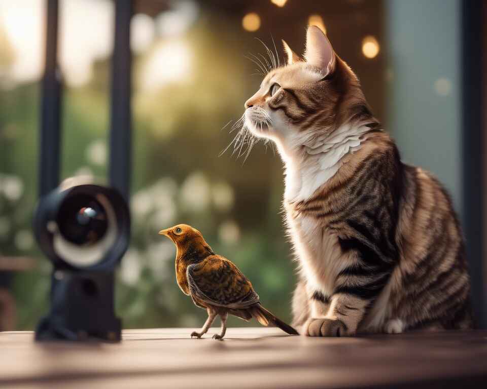 A photo of a cat and a bird side-by-side.