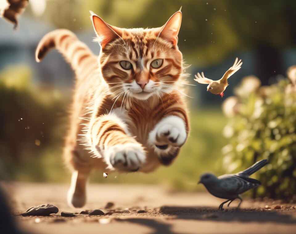 A cat chasing a bird.