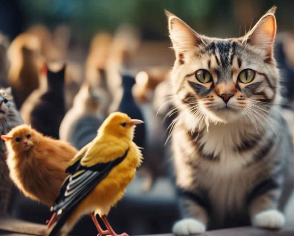 A cat looking around at some birds.