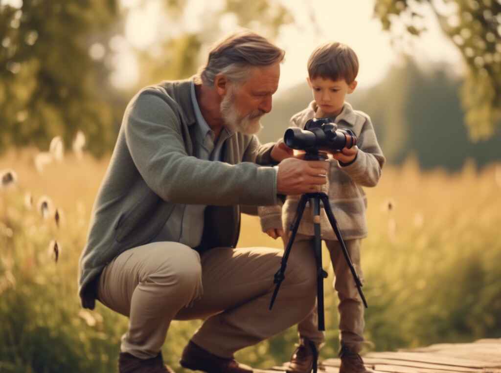 Father teaches his son birdwatching.