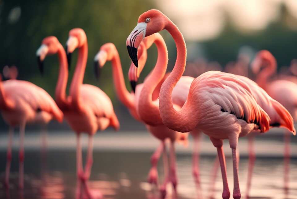 A large group of American Flamingos in shallow water.