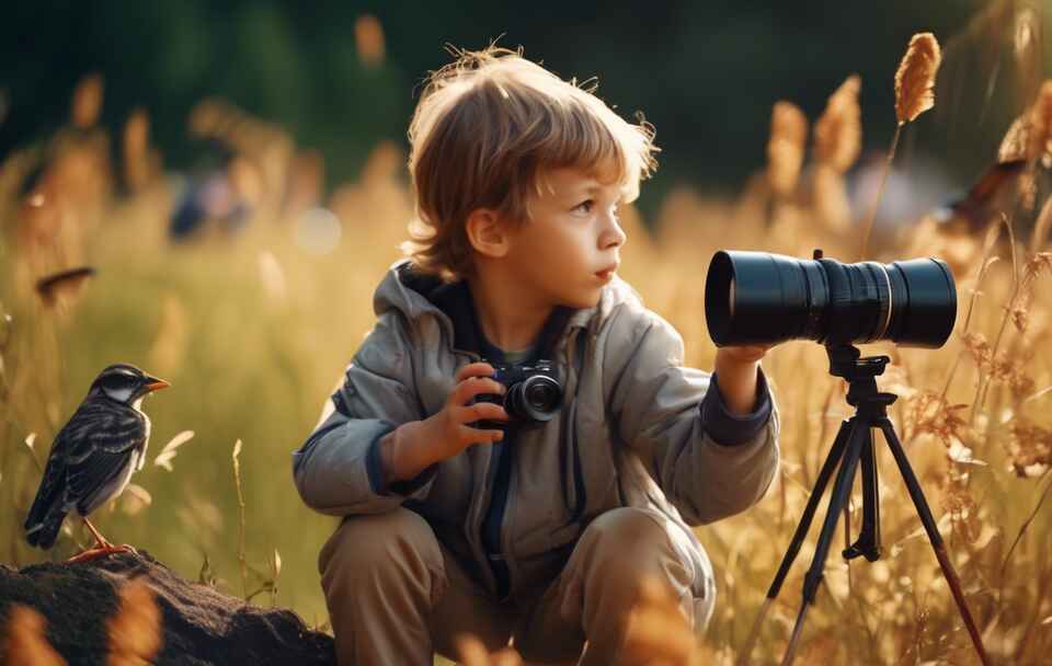 A young boy bird watching.