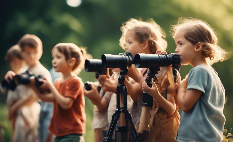 A large group of kids bird watching.