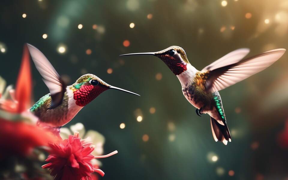 Two hummingbirds feeding on nectar from vibrant flowers