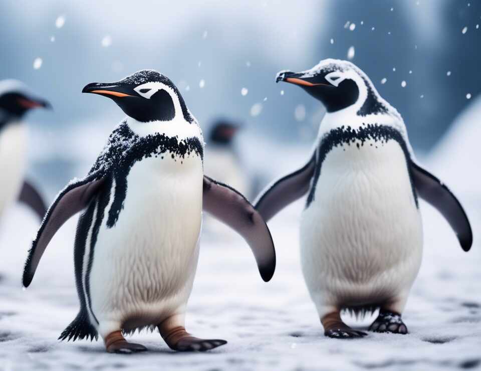 A pair of penguins walking together in winter.