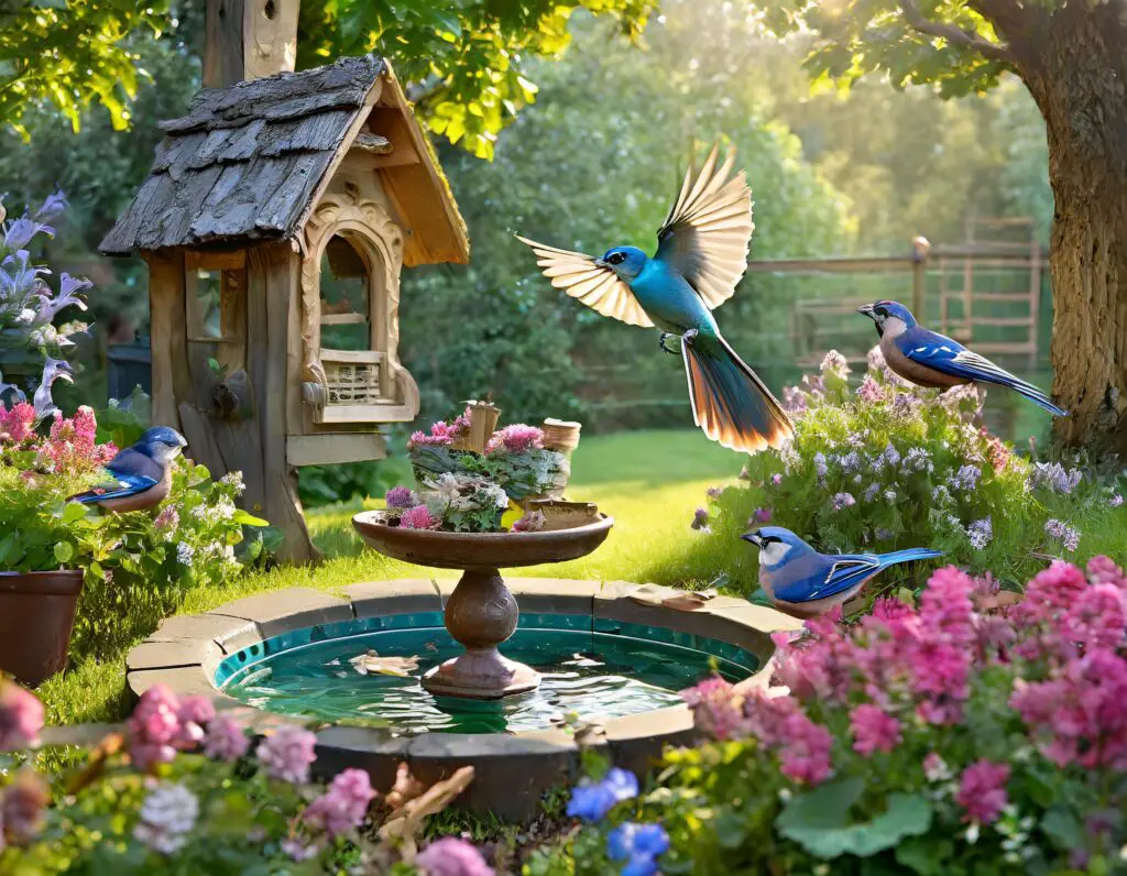 Vibrant backyard with birdhouse, birdbath, feeders, and colorful birds.