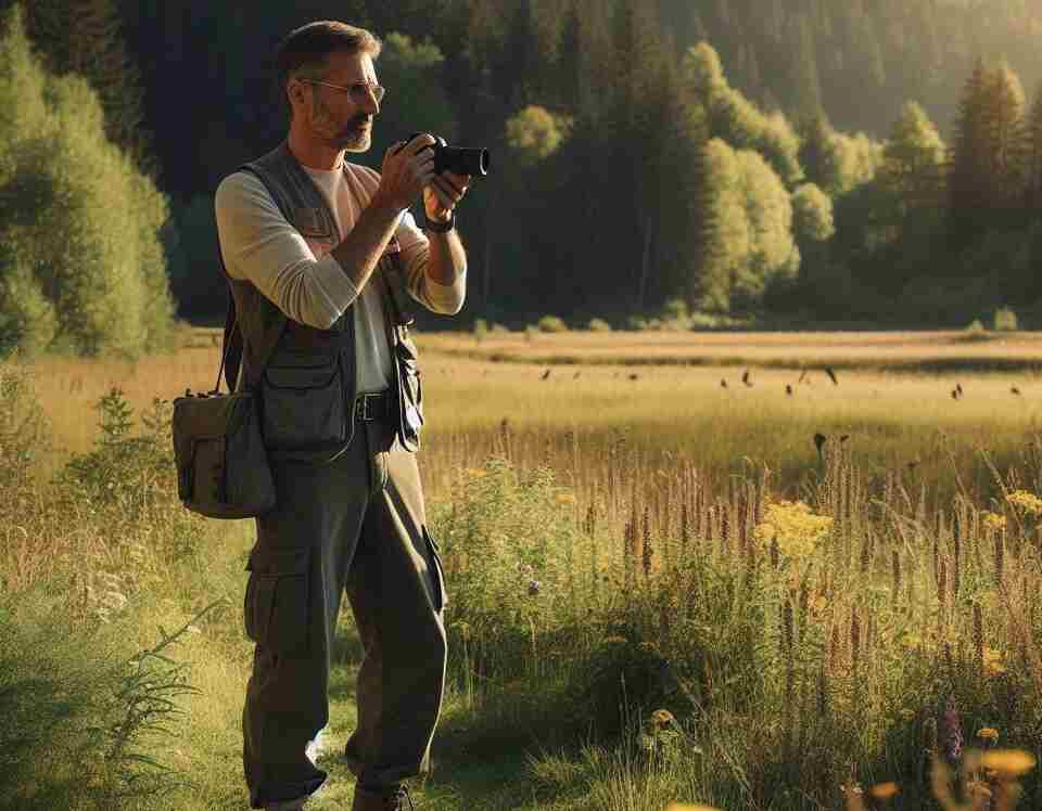 A birder with a camera taking photos of birds in a field.