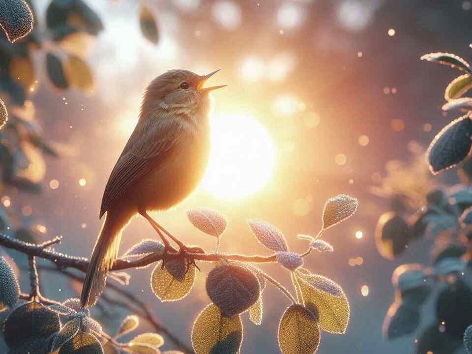 A small songbird singing away, at the crack of dawn.