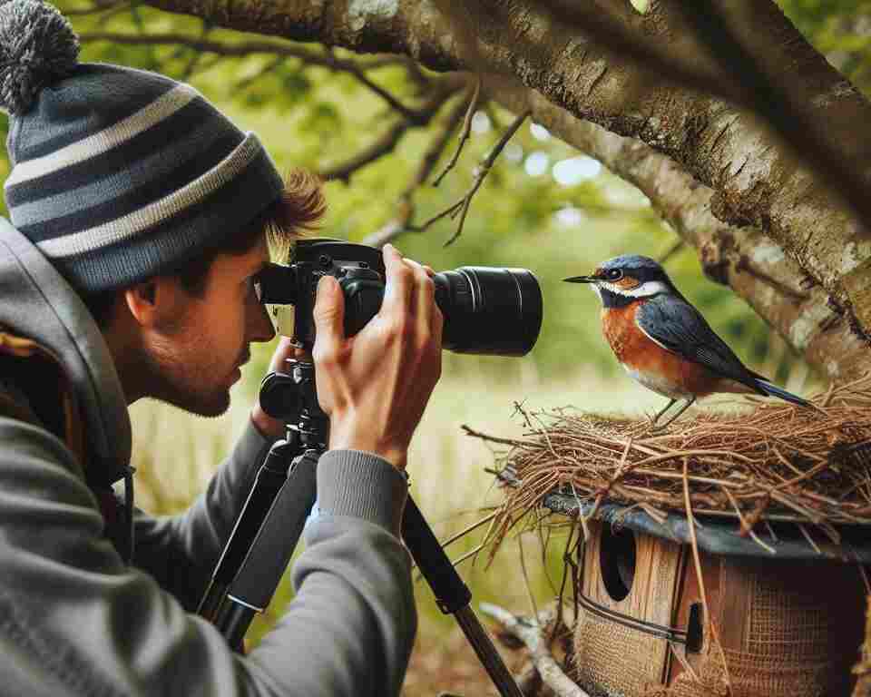 A birdwatcher taking a closeup photo of a bird.