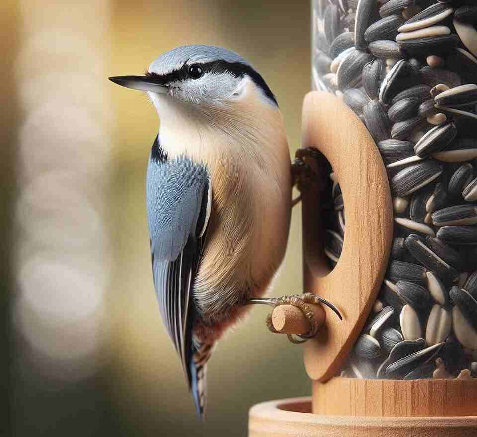 A White-breasted Nuthatch perched onto the side of a birdfeeder with black-oil sunflower seeds.