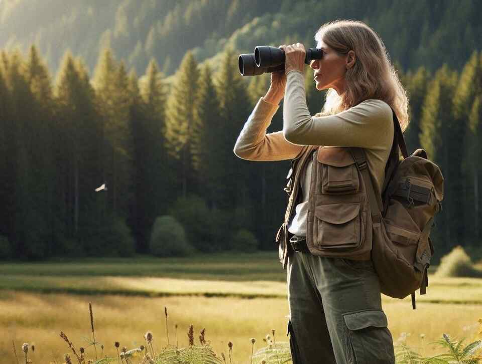 A birdwatcher watching birds with binoculars.