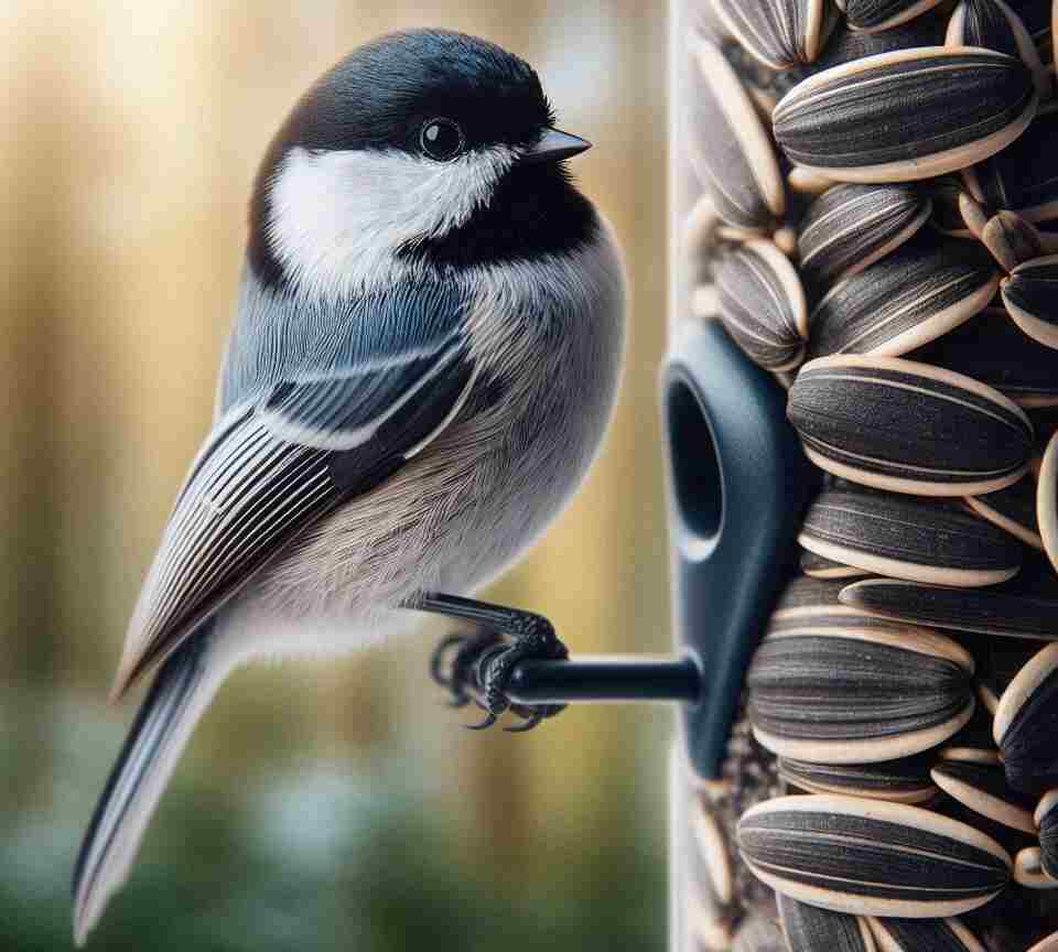 A Black-capped chickadee at feeder eating sunflower seeds.