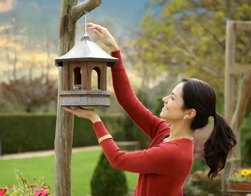 A woman hanging a bird feeder in her yard.