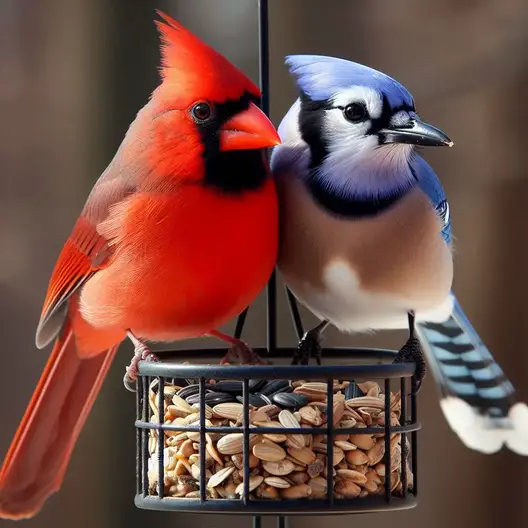 A Northern Cardinal and Blue Jay perched on a bird feeder.