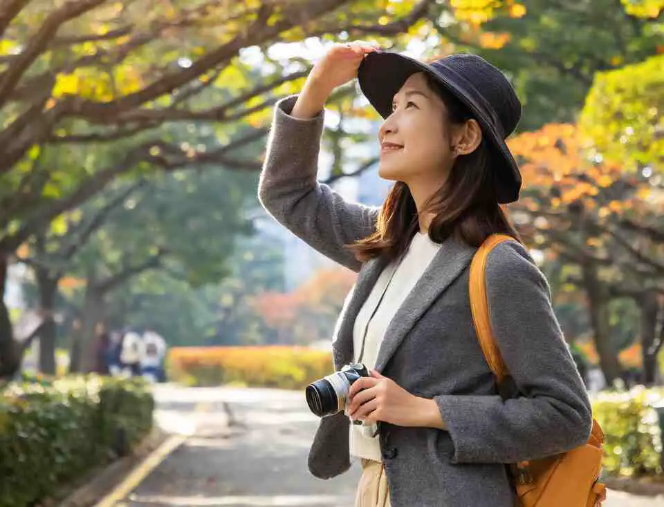 A person birdwatching in the city streets.