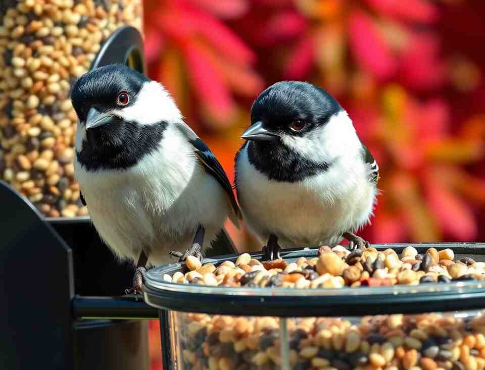 A pair of Black-capped Chickadees at a bird feeder.