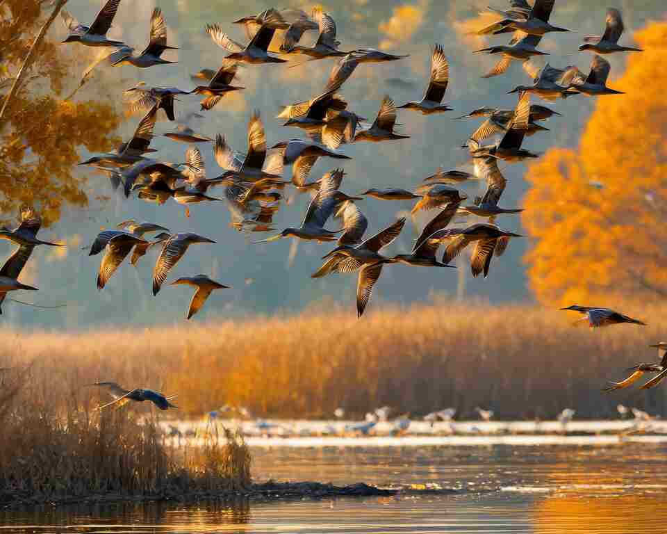 A group of birds beginning to migrate south for winter.