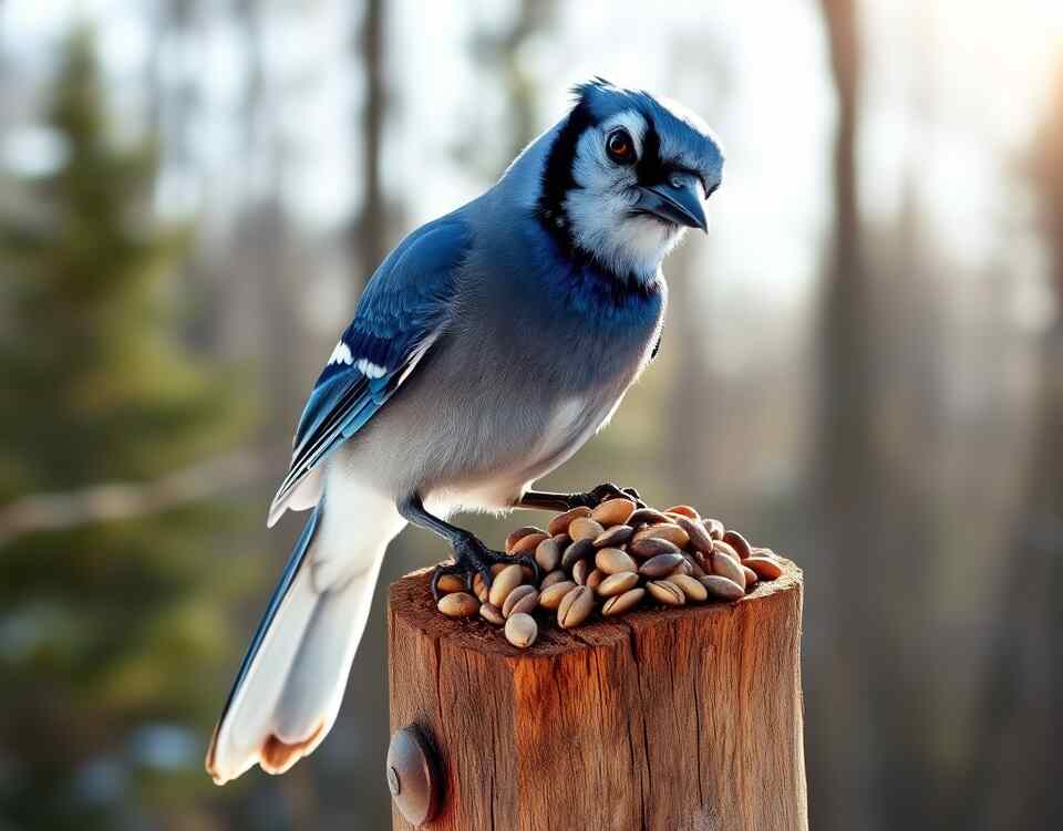 A Blue Jay feeding on peanuts.