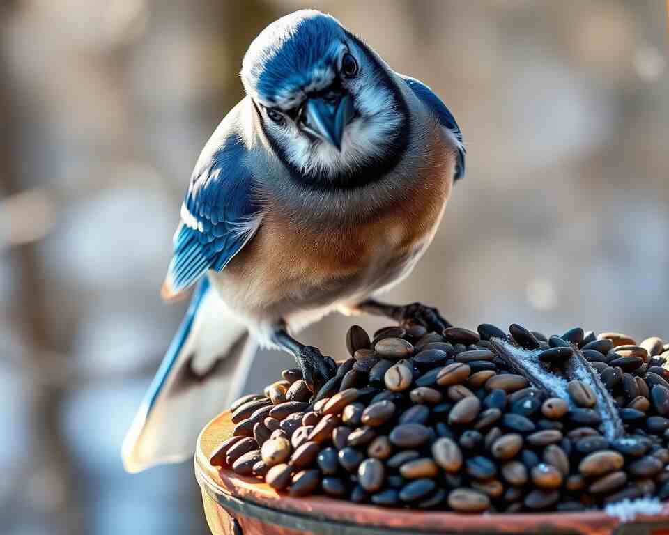 A Blue Jay eating sunflower seeds at a bird feeder.