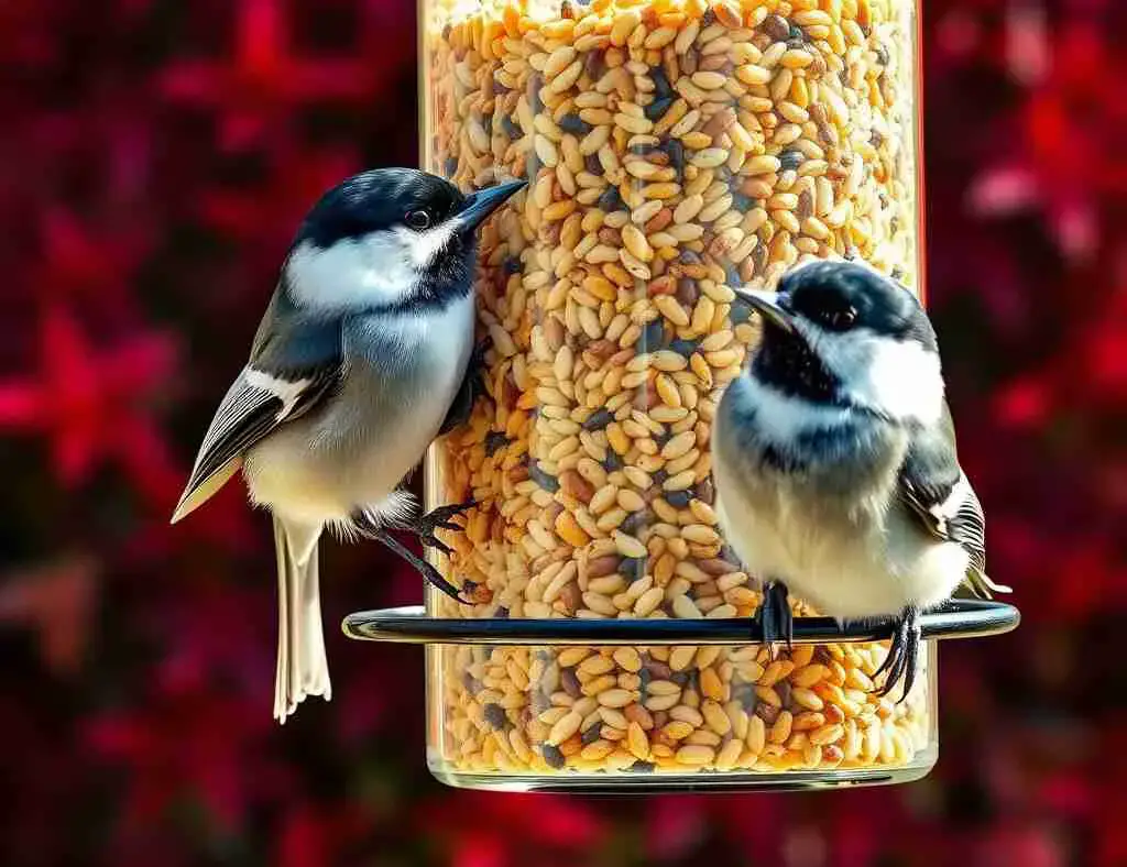 A couple of Black-capped Chickadees enjoying bird seed at a feeder.